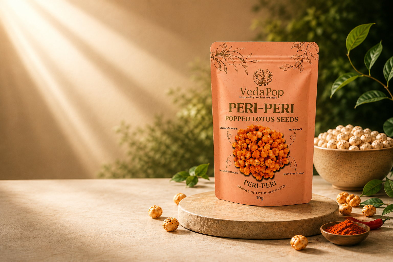 VedaPop Peri-Peri popped lotus seeds with bowl of plain makhana, chili and spice